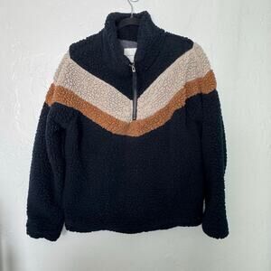 THREAD & SUPPLY Ladies' Small SHERPA PULLOVER Navy/Beige Quarter Zip 70s Style